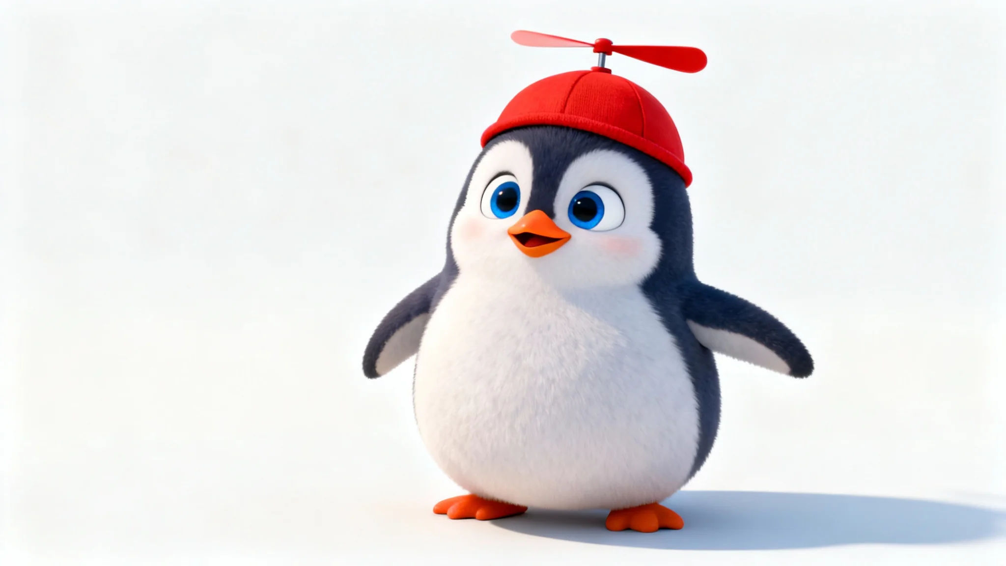 A cute 3D-animated penguin character wearing a small red propeller hat, standing on a clean white background.