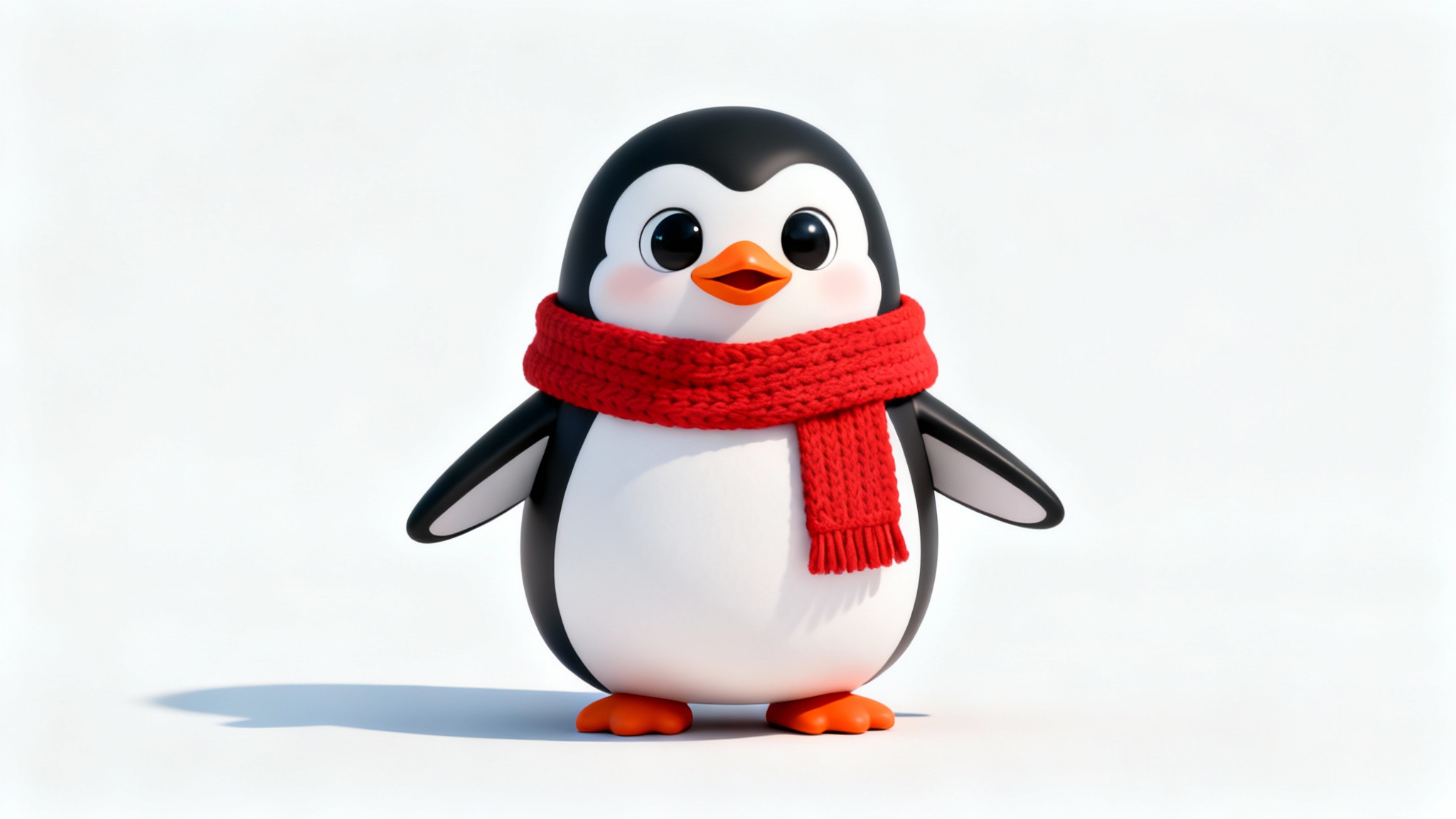 A cute 3D character of a penguin wearing a red scarf, standing on a white background.