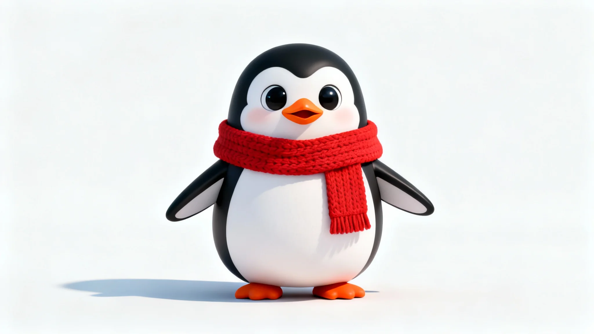 A cute 3D character of a penguin wearing a red scarf, standing on a white background.