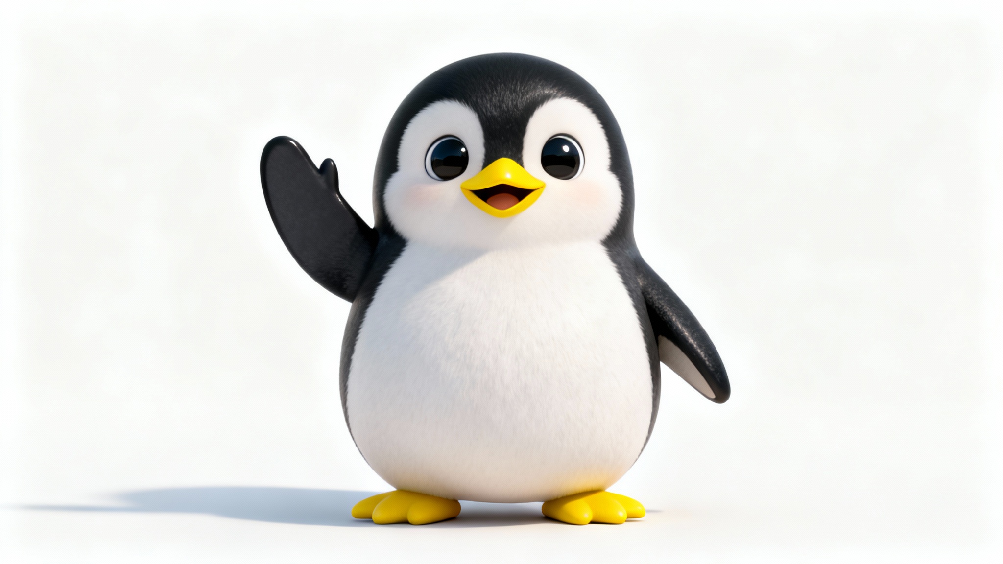 A cute 3D rendered penguin character waving its flipper against a solid white background.