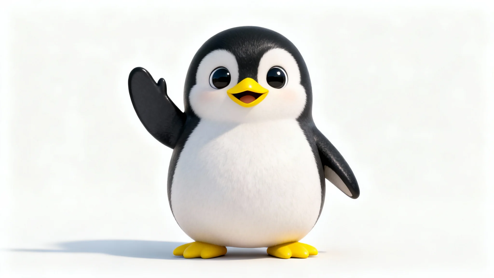 A cute 3D rendered penguin character waving its flipper against a solid white background.