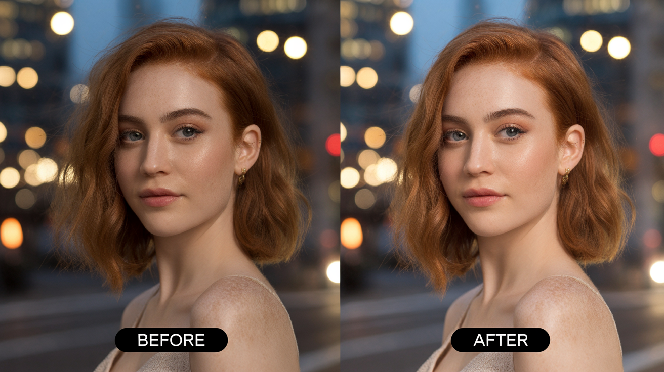 A side-by-side comparison image showing the result of a jawline editor. The 'Before' image shows a woman with a softer jawline, and the 'After' image shows the same woman with a noticeably sharper and more defined jawline, demonstrating the tool's effect.