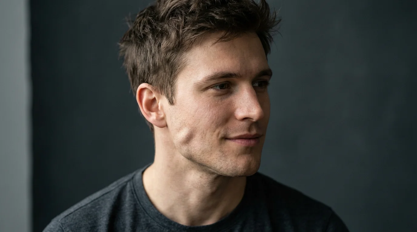A close-up portrait of a man with a sharply defined jawline, lit from the side against a dark gray background.