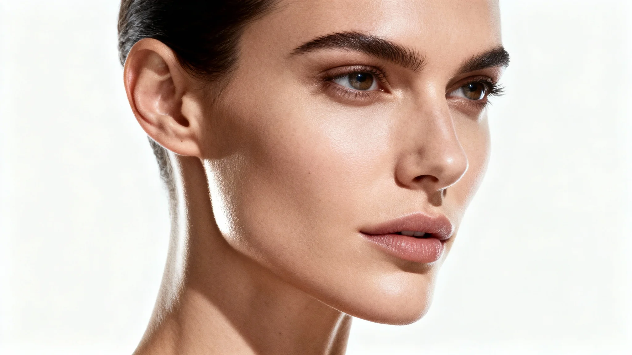 A close-up beauty photograph of a person's face in profile, showcasing an extremely sharp and well-defined jawline against a plain white background.