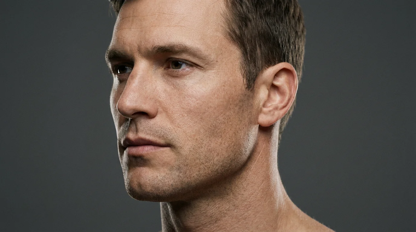 A close-up portrait of a man with a sharply defined, chiseled jawline, set against a dark gray background.