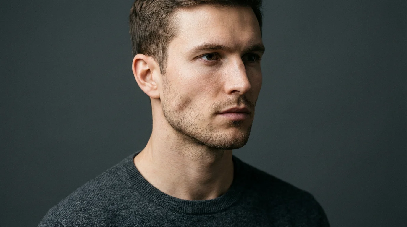 A head and shoulders portrait of a man with a sharply defined jawline, shown in a three-quarter view against a dark background.