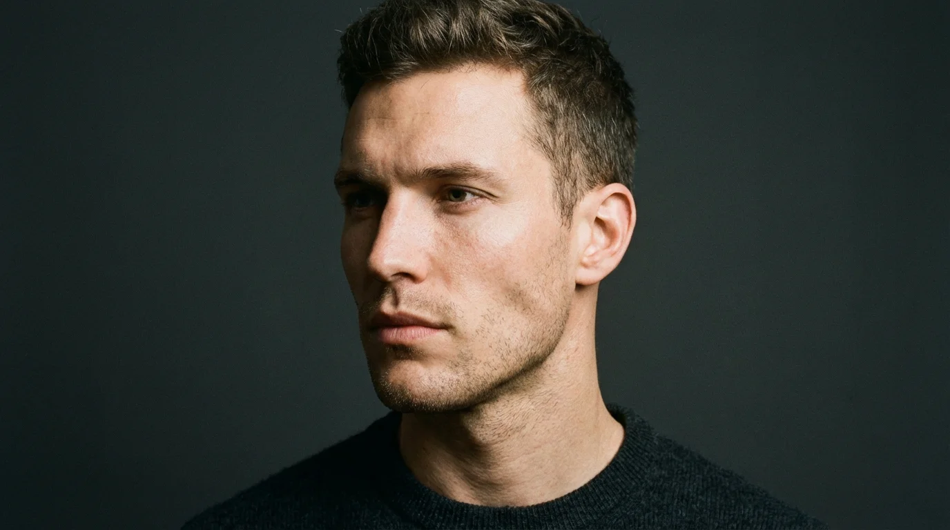 A close-up portrait of a man with a very defined and chiseled jawline, lit dramatically from one side against a dark background.