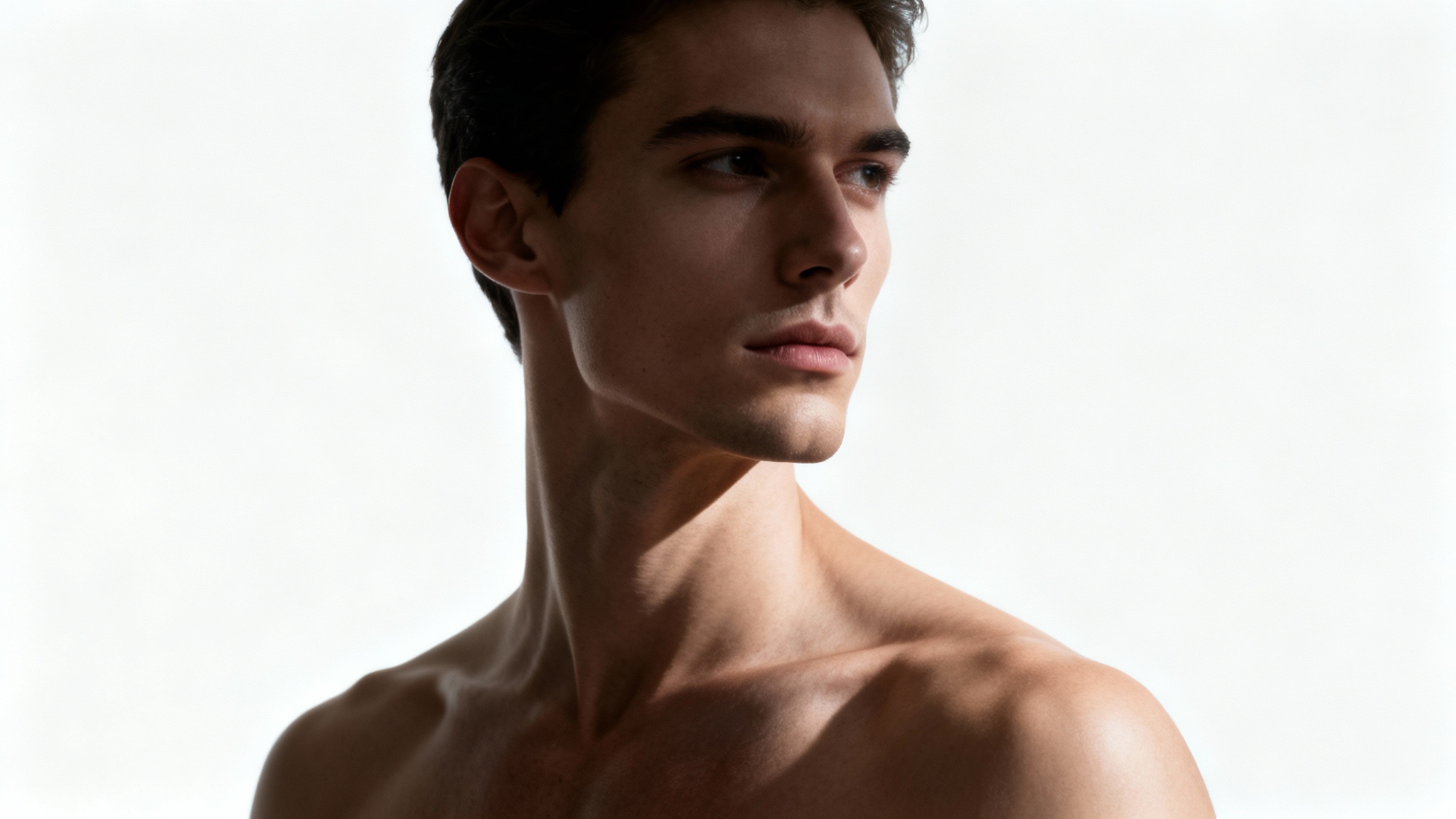 A hyper-realistic portrait focusing on a person's sharp, well-defined jawline, presented against a stark white background.