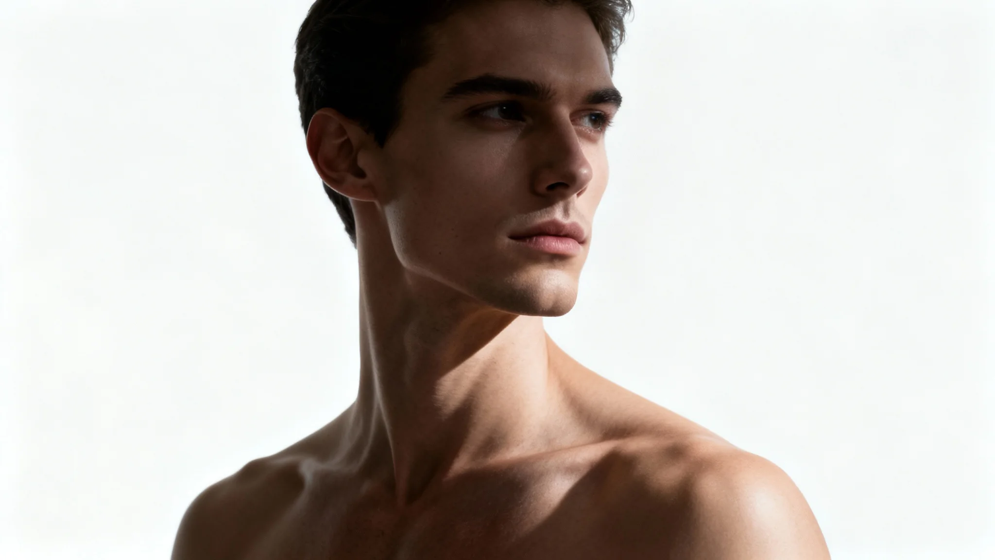 A hyper-realistic portrait focusing on a person's sharp, well-defined jawline, presented against a stark white background.