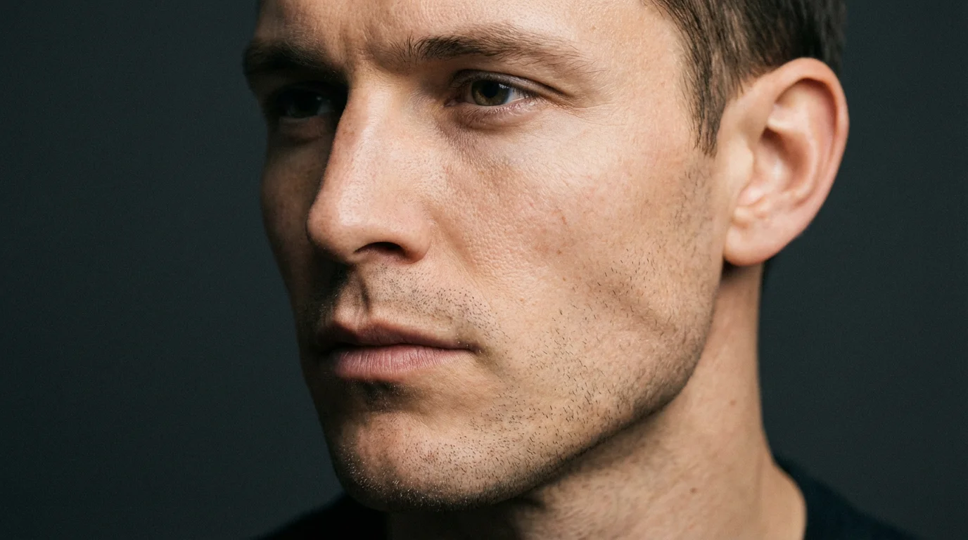 A close-up portrait of a man in three-quarter view against a dark gray background, showing a naturally enhanced and well-defined jawline.