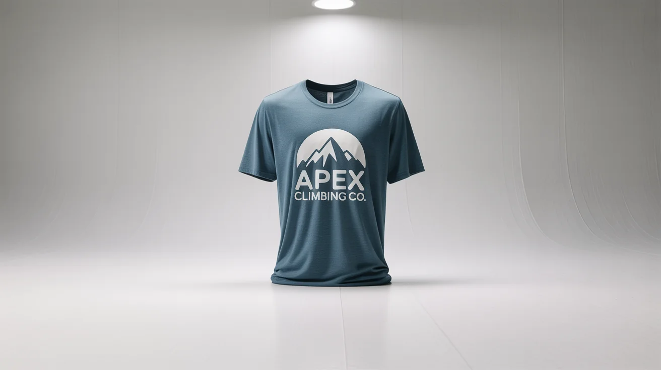 A close-up product photograph of a folded heather gray t-shirt with a professional logo design for a fictional brand 'Apex Climbing Co.' on it.