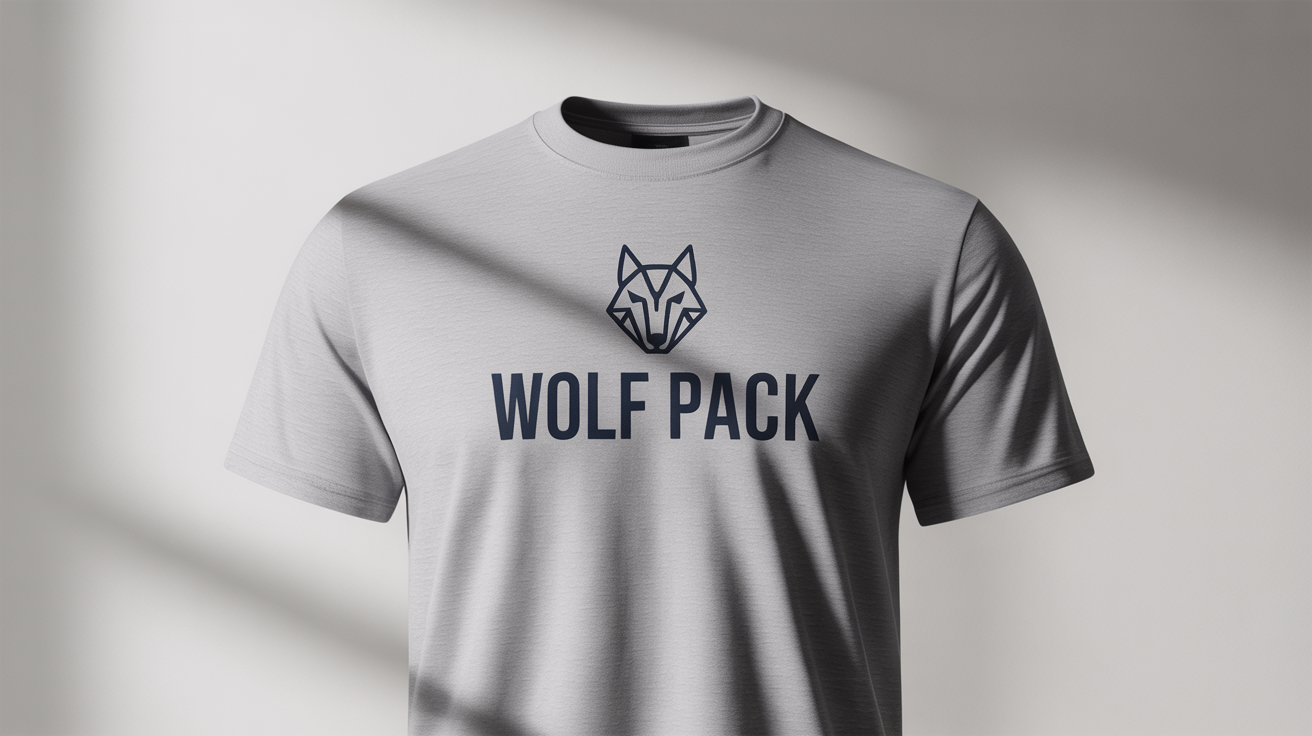 A mockup of a grey t-shirt with a modern, minimalist navy blue logo of a geometric wolf head and the text 'WOLF PACK' printed on the chest, displayed against a white background.