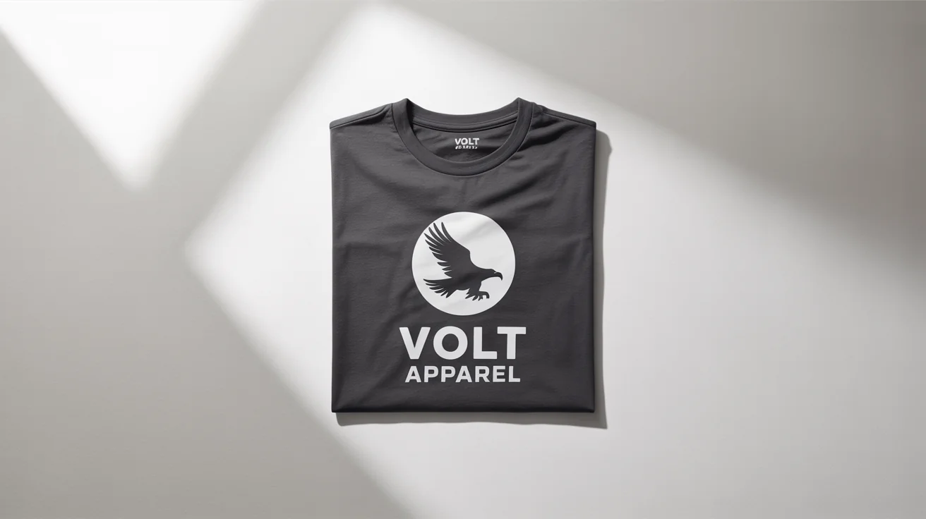 A dark charcoal gray t-shirt neatly folded on a white background, featuring a modern white circular logo of an eagle and the text 'VOLT APPAREL'.