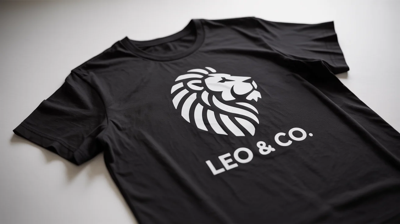 A mockup of a black t-shirt laid flat, featuring a professionally screen-printed white logo of a minimalist lion's head and the text 'LEO & CO.' on the chest.