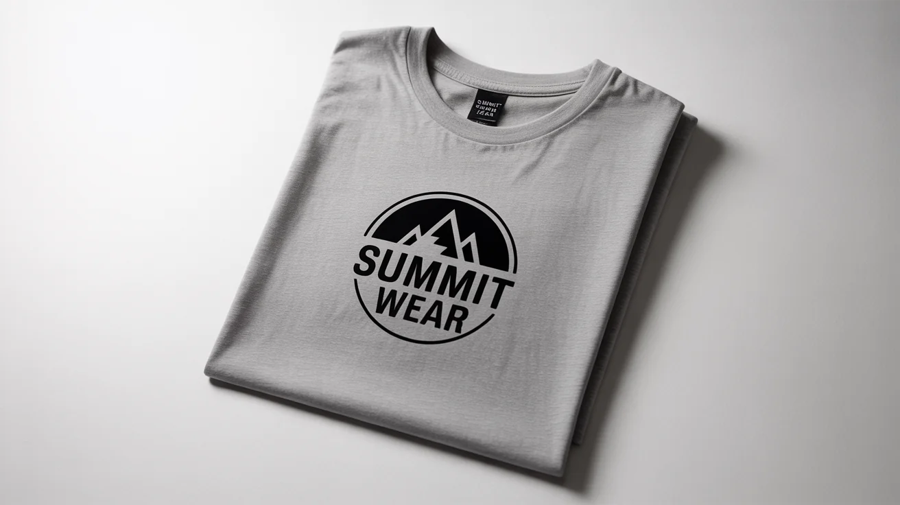 A folded heather grey t-shirt on a white background, showcasing a professionally printed logo with a mountain icon and the words 'Summit Wear'.