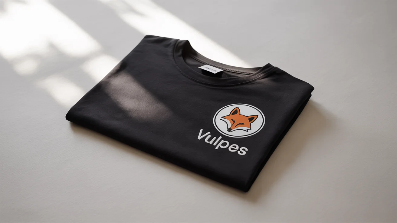 A neatly folded black t-shirt on a white background, featuring a small, circular embroidered logo of an orange fox head with the word 'VULPES' underneath.