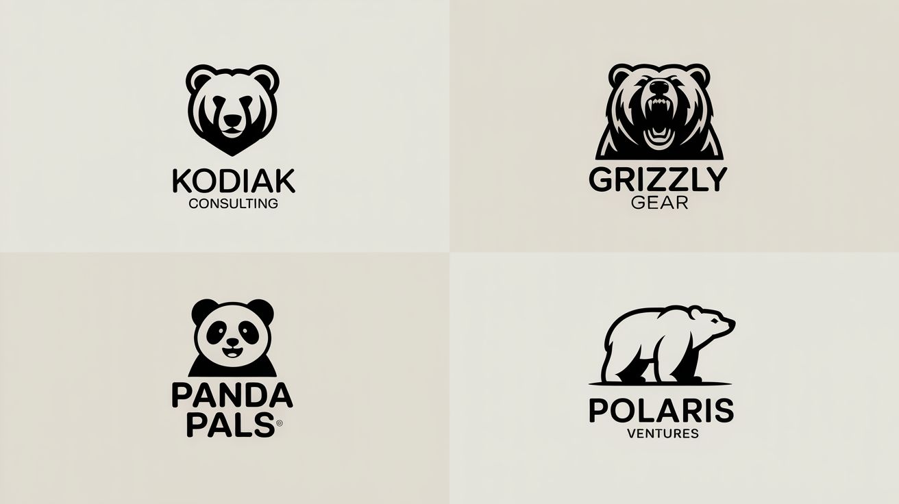 A gallery of four professionally designed bear logos in different styles: minimalist, fierce, cute, and modern abstract, all displayed on a clean background.