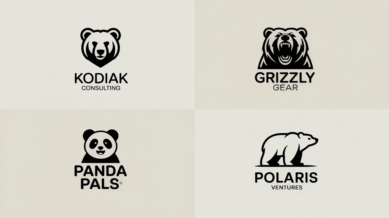 A gallery of four professionally designed bear logos in different styles: minimalist, fierce, cute, and modern abstract, all displayed on a clean background.