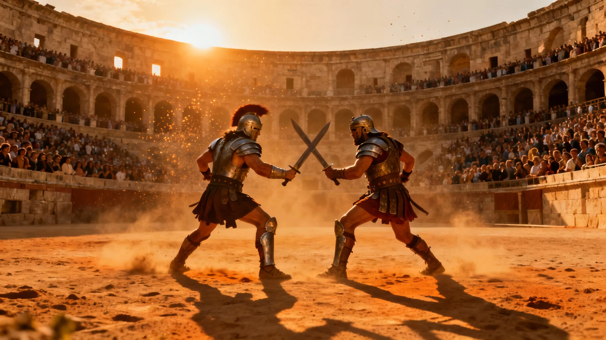 An epic, wide-angle hero image of two gladiators fighting in the center of a massive, crowded Roman arena at sunset, with dramatic lighting and shadows.