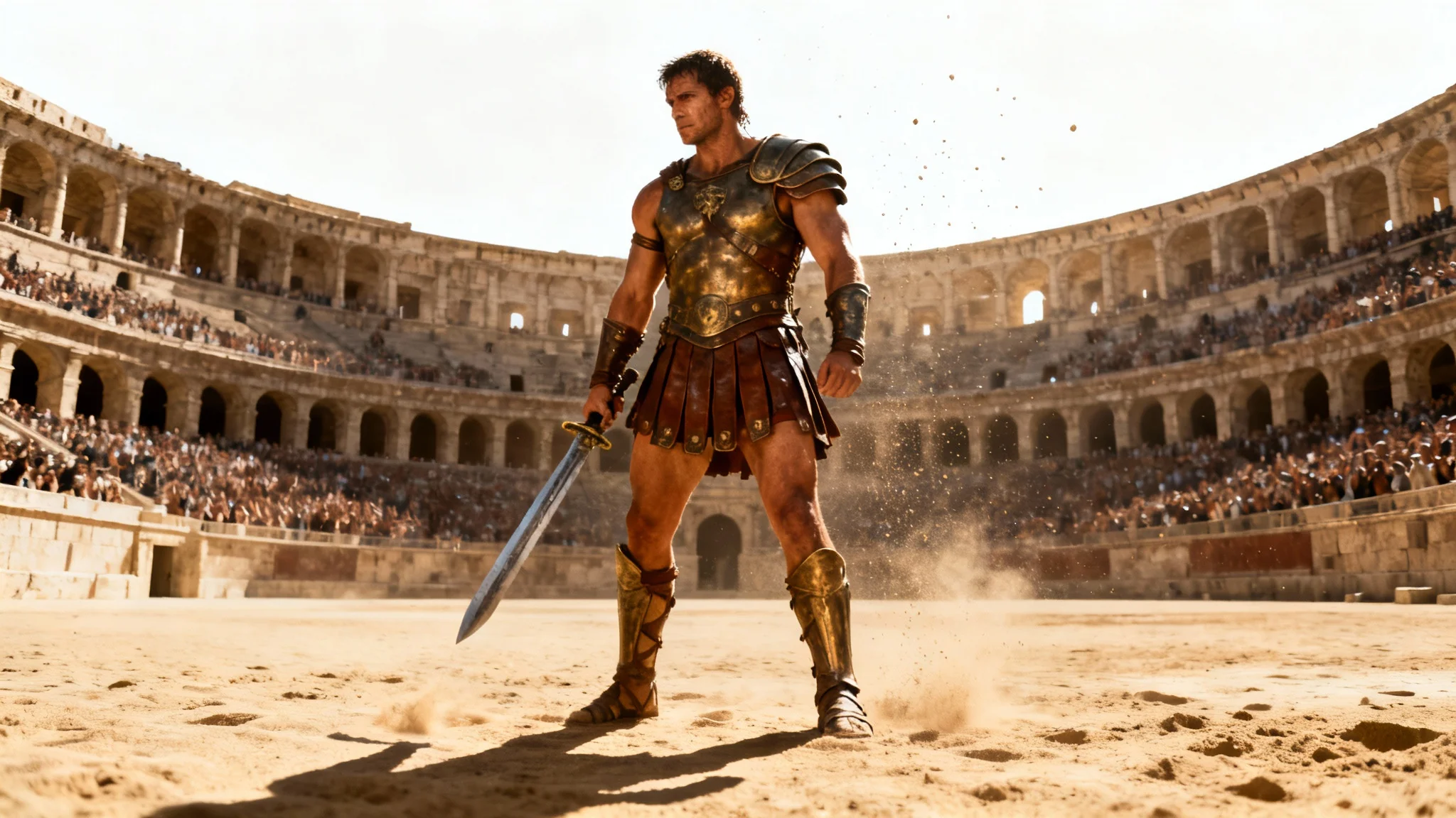 A photorealistic mockup of a Roman gladiator standing triumphantly in an arena, viewed from the side, on a white background.