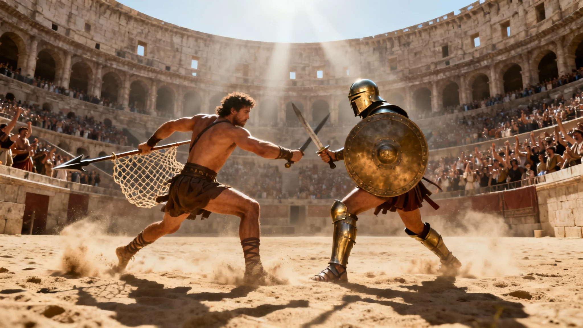 An epic, cinematic view of two gladiators fighting in the middle of the Roman Colosseum, surrounded by a massive crowd.