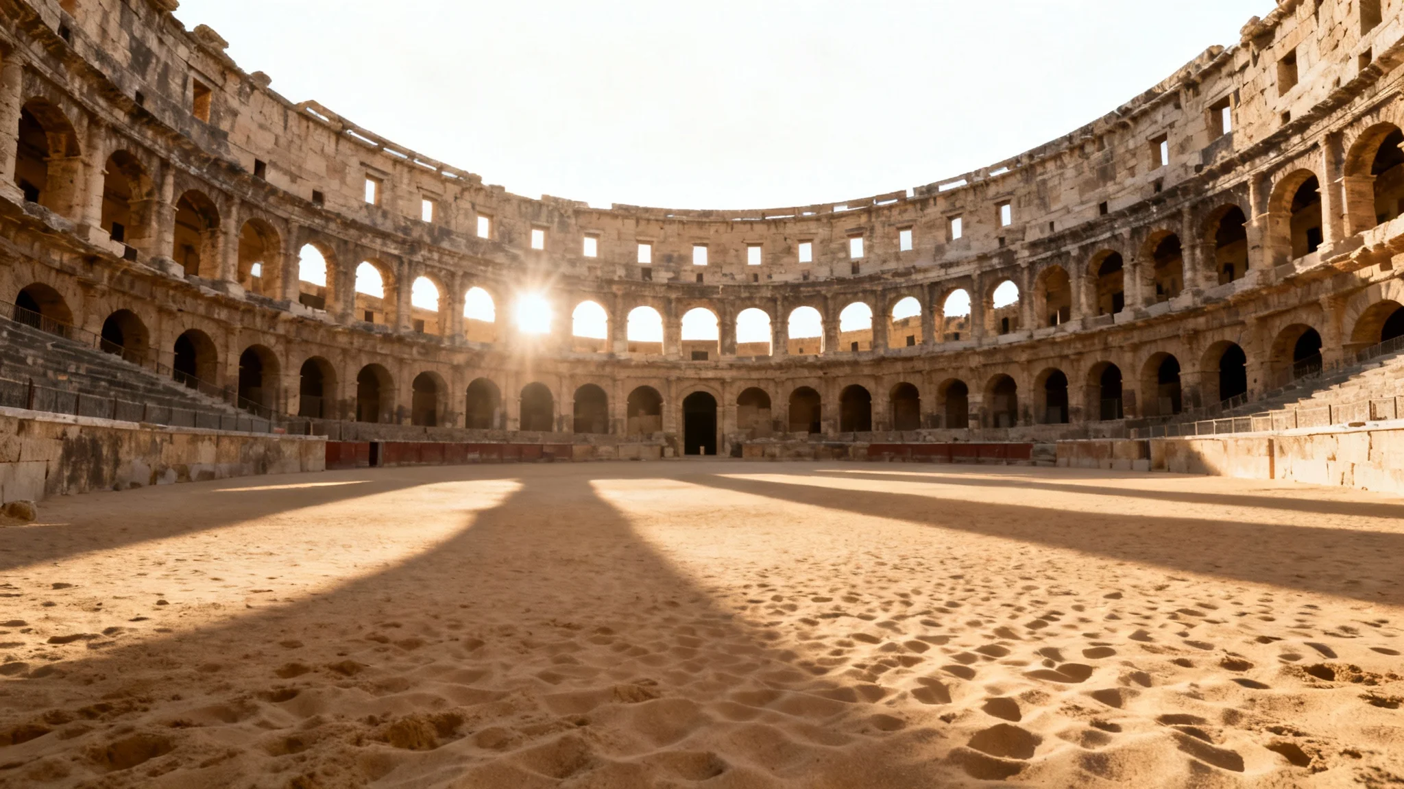 A photorealistic mockup of a magnificent, empty Roman gladiator arena viewed from a low angle, showcasing its grand scale and architectural detail under dramatic sunlight, set against a plain white background.