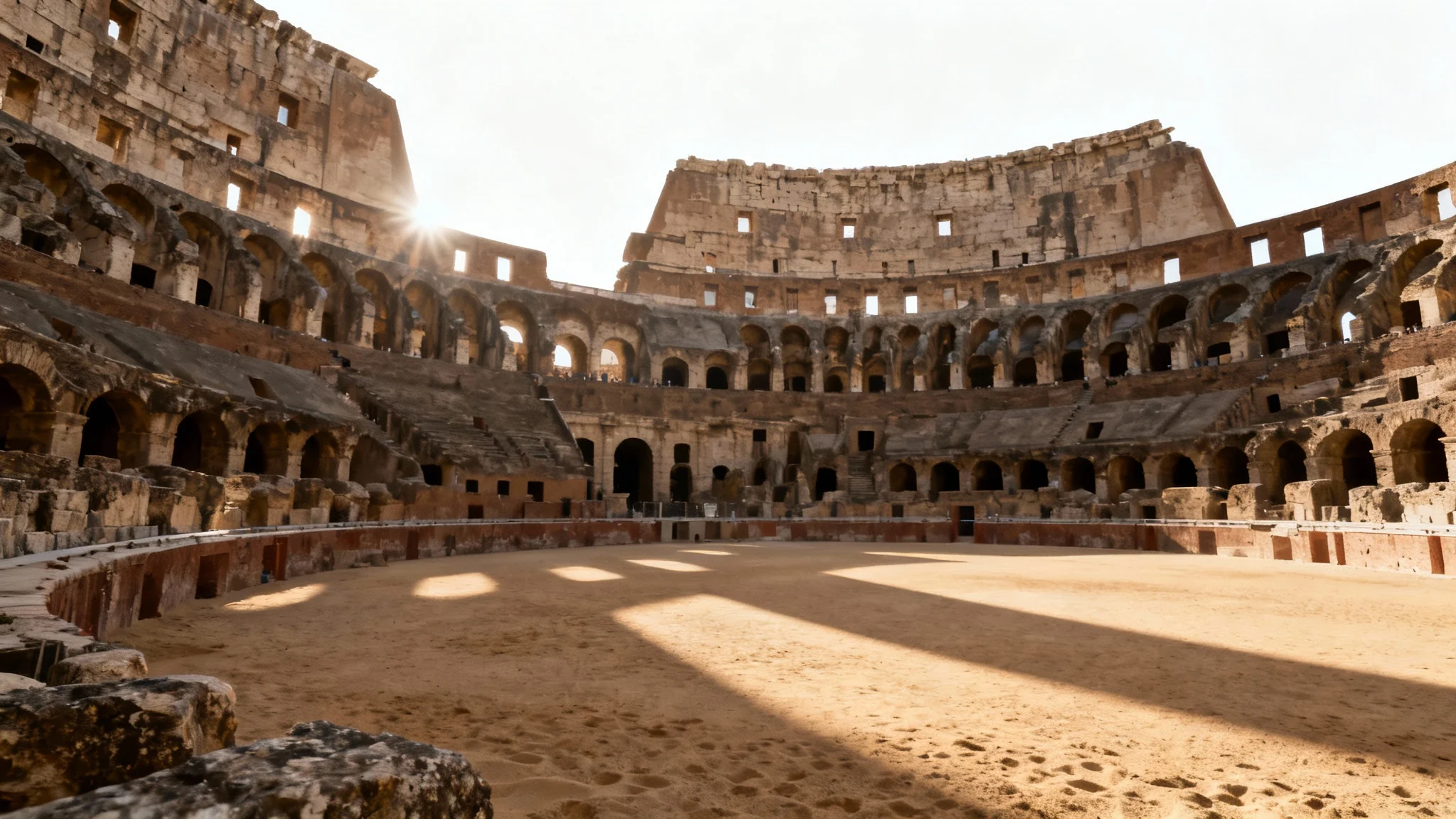 A hyper-realistic image of a grand Roman gladiator arena, showcasing its massive stone architecture and sandy floor under dramatic lighting, isolated against a plain white background.
