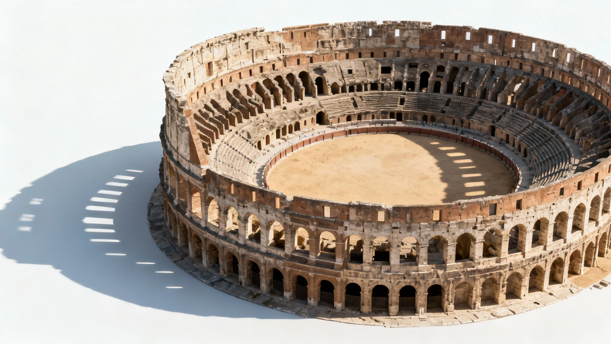 A photorealistic mockup of a grand ancient Roman gladiator arena, shown in a wide-angle view against a solid white background, highlighting its epic scale and architectural detail.