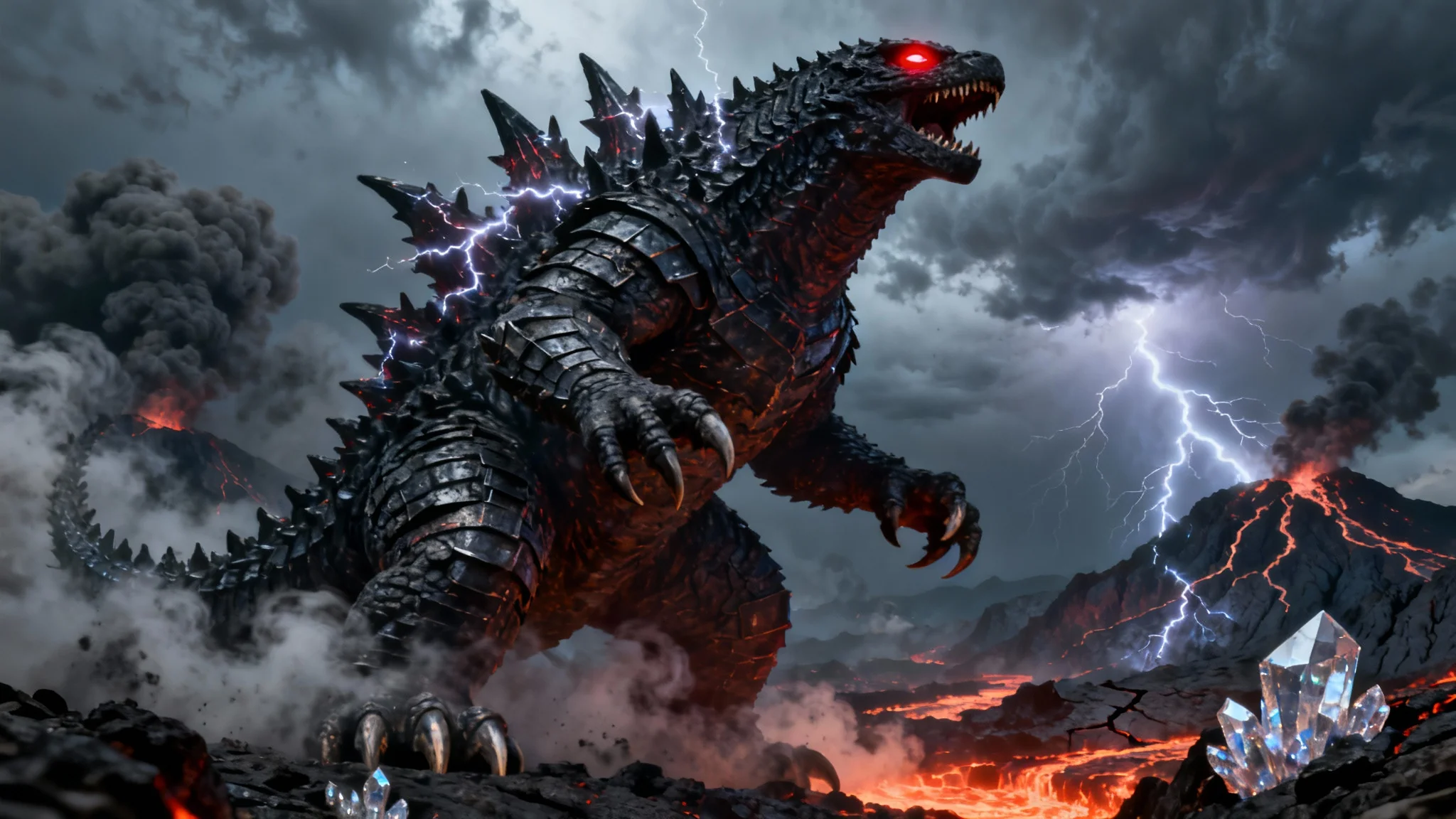 A hyperrealistic image of a giant, dark-scaled monster roaring in a stormy, volcanic landscape, lit by lightning.