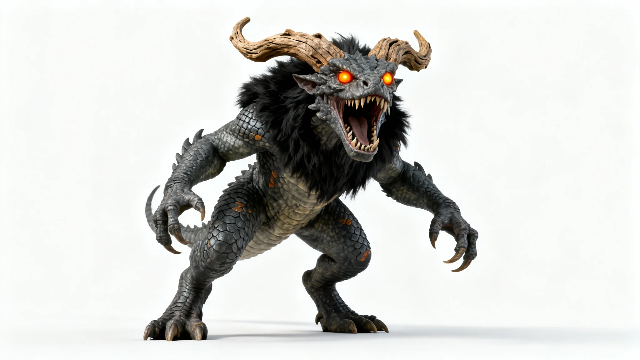 A photorealistic 3D render of a roaring grey and black monster with three glowing orange eyes and large horns, set against a plain white background.