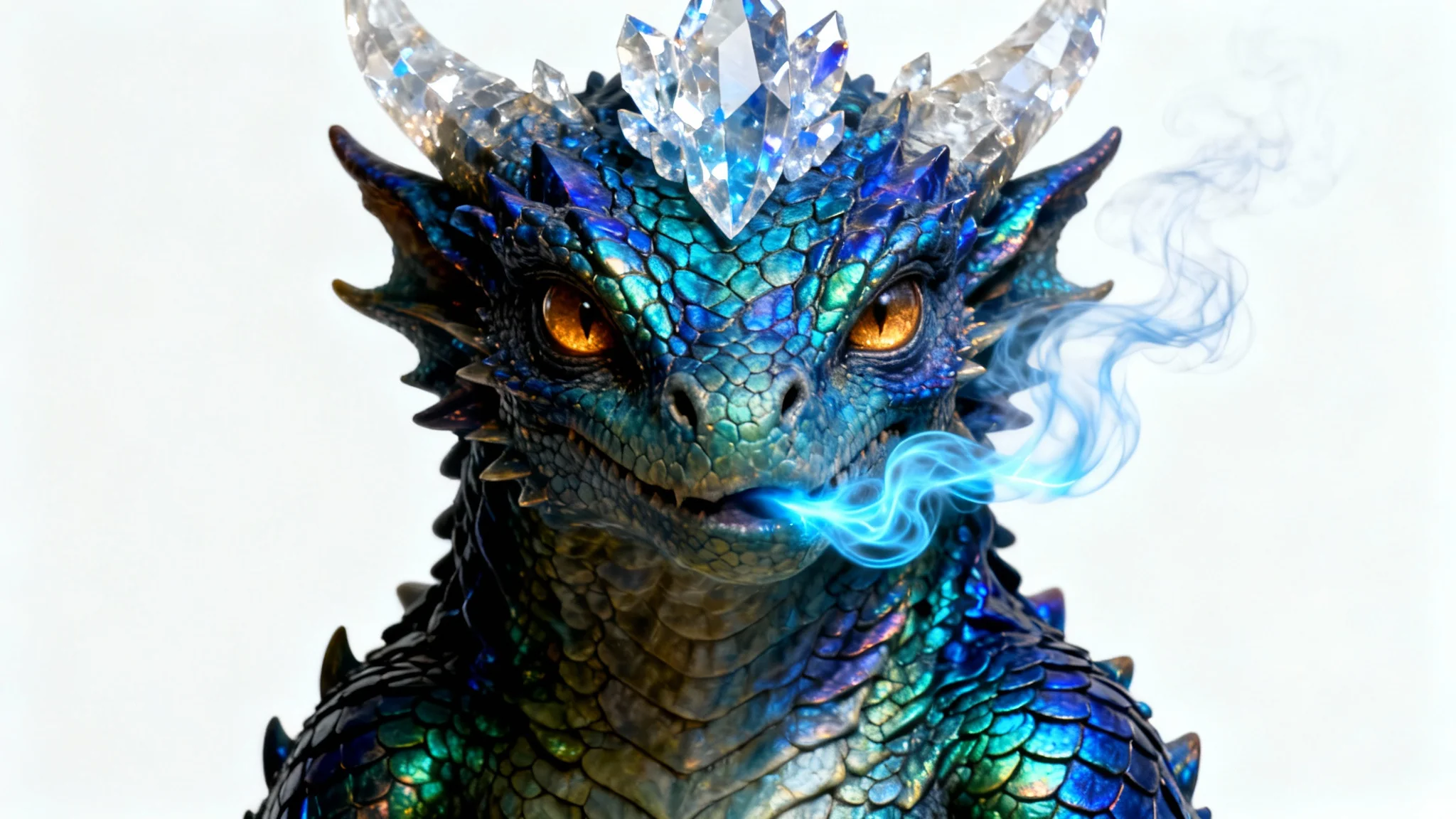 A hyper-realistic digital portrait of a fantastical monster's head and shoulders against a white background. The creature has shimmering jewel-toned scales, glowing amber eyes, and a crown of crystal horns.