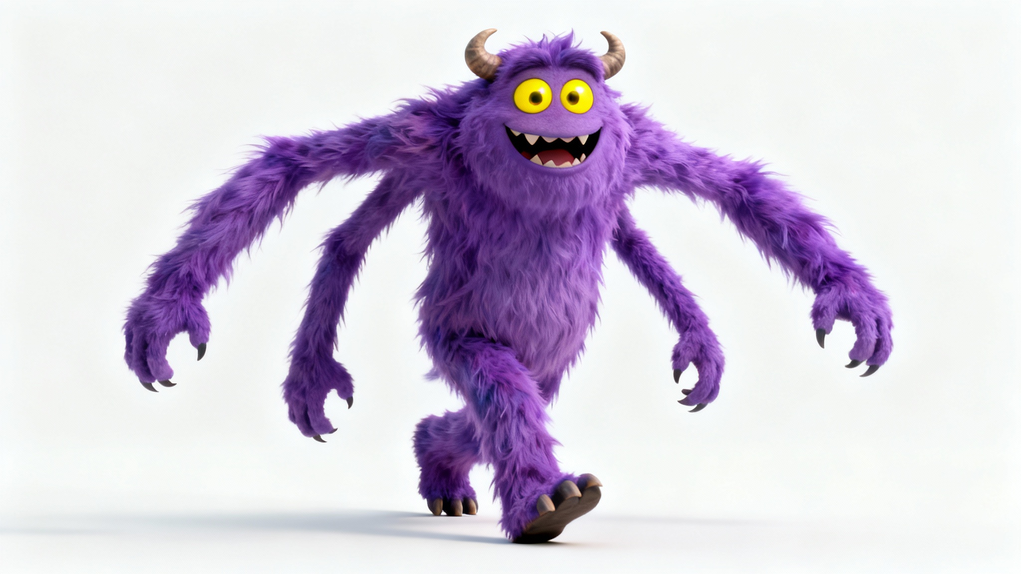 A photorealistic 3D render of a friendly, fluffy purple monster with four arms and two large yellow eyes, smiling and walking towards the viewer against a solid white background.