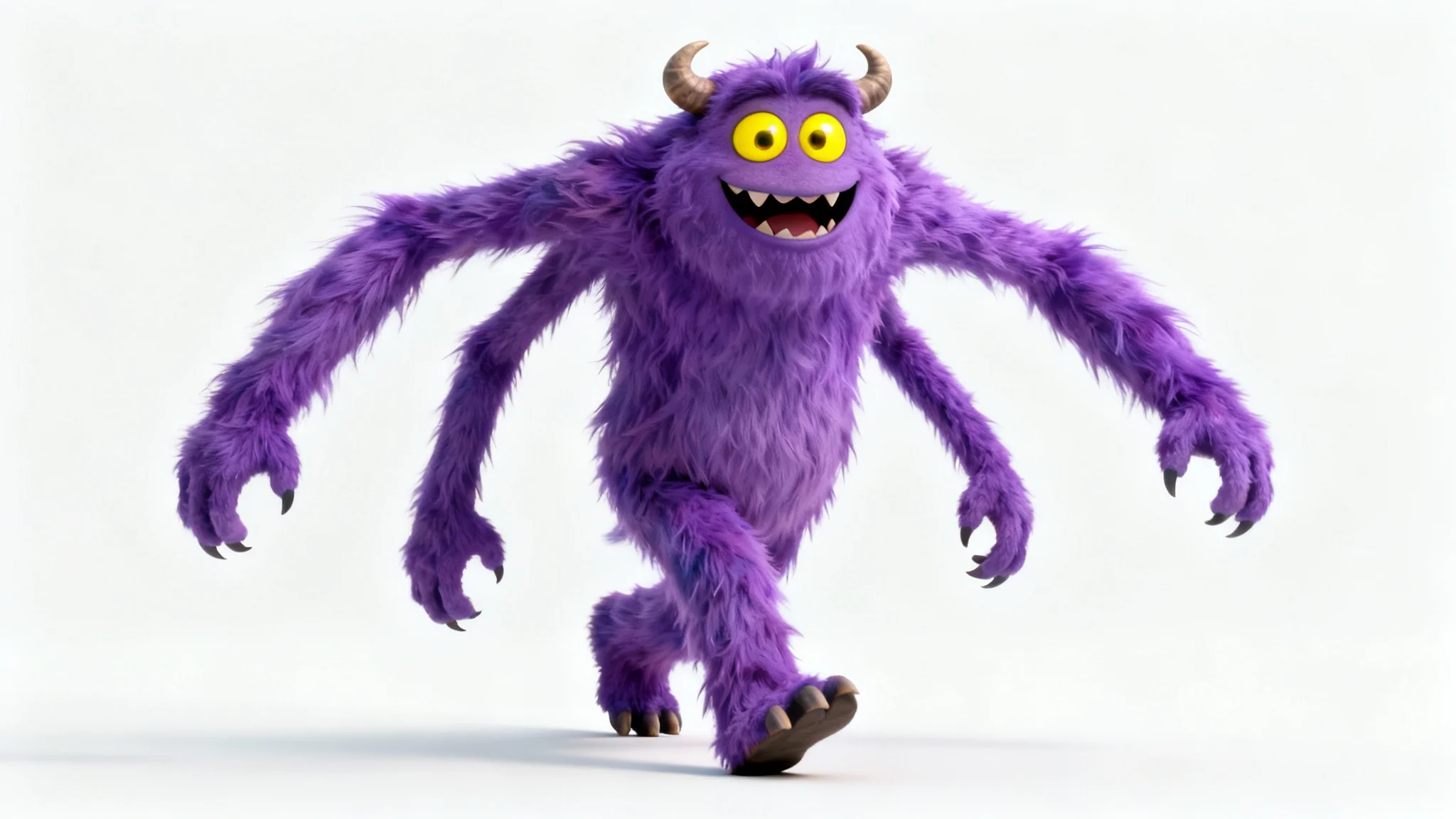 A photorealistic 3D render of a friendly, fluffy purple monster with four arms and two large yellow eyes, smiling and walking towards the viewer against a solid white background.