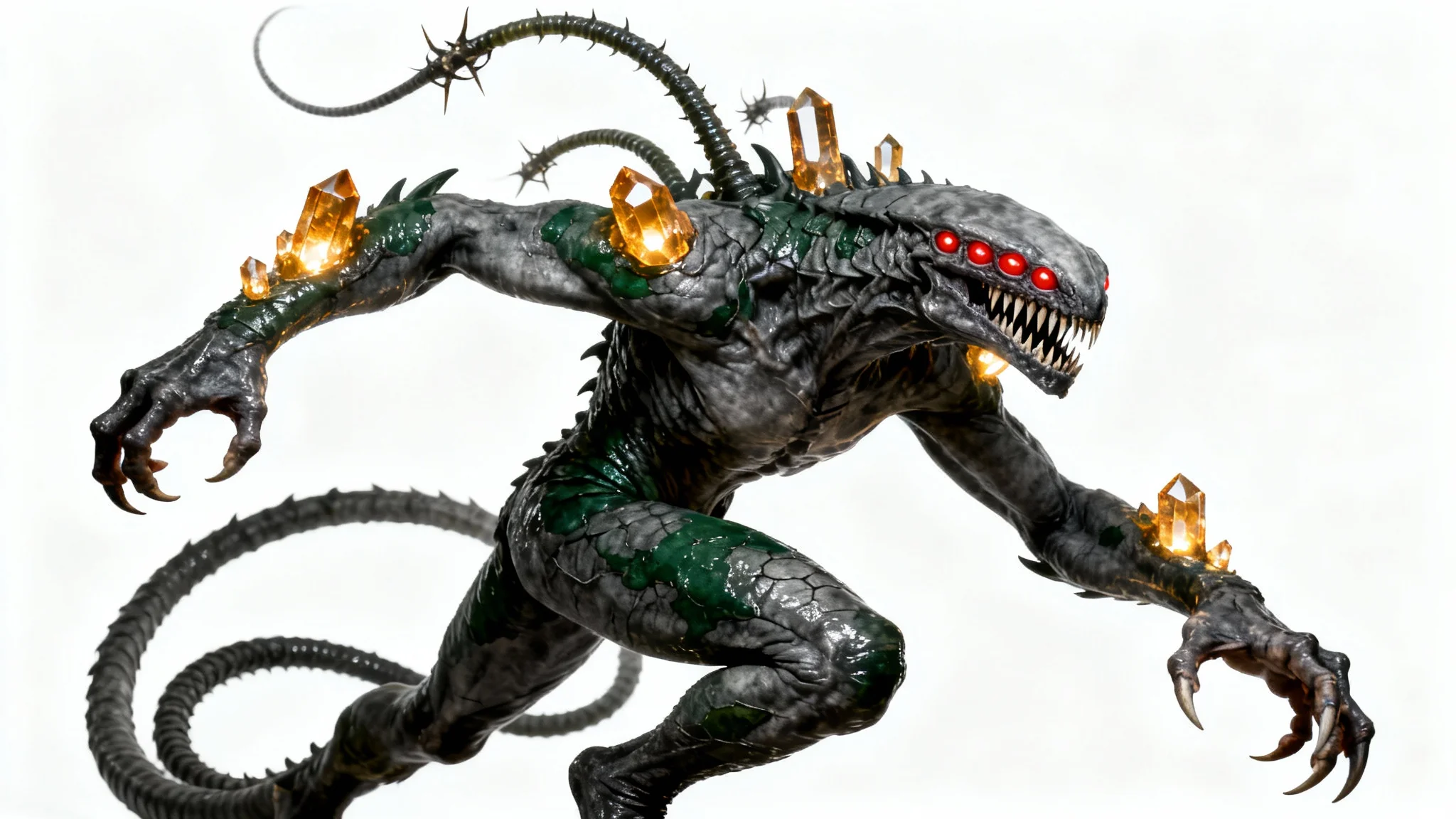 A hyper-realistic concept art of a menacing monster with gray-green skin, glowing amber crystals on its arms, and multiple red eyes, set against a plain white background.