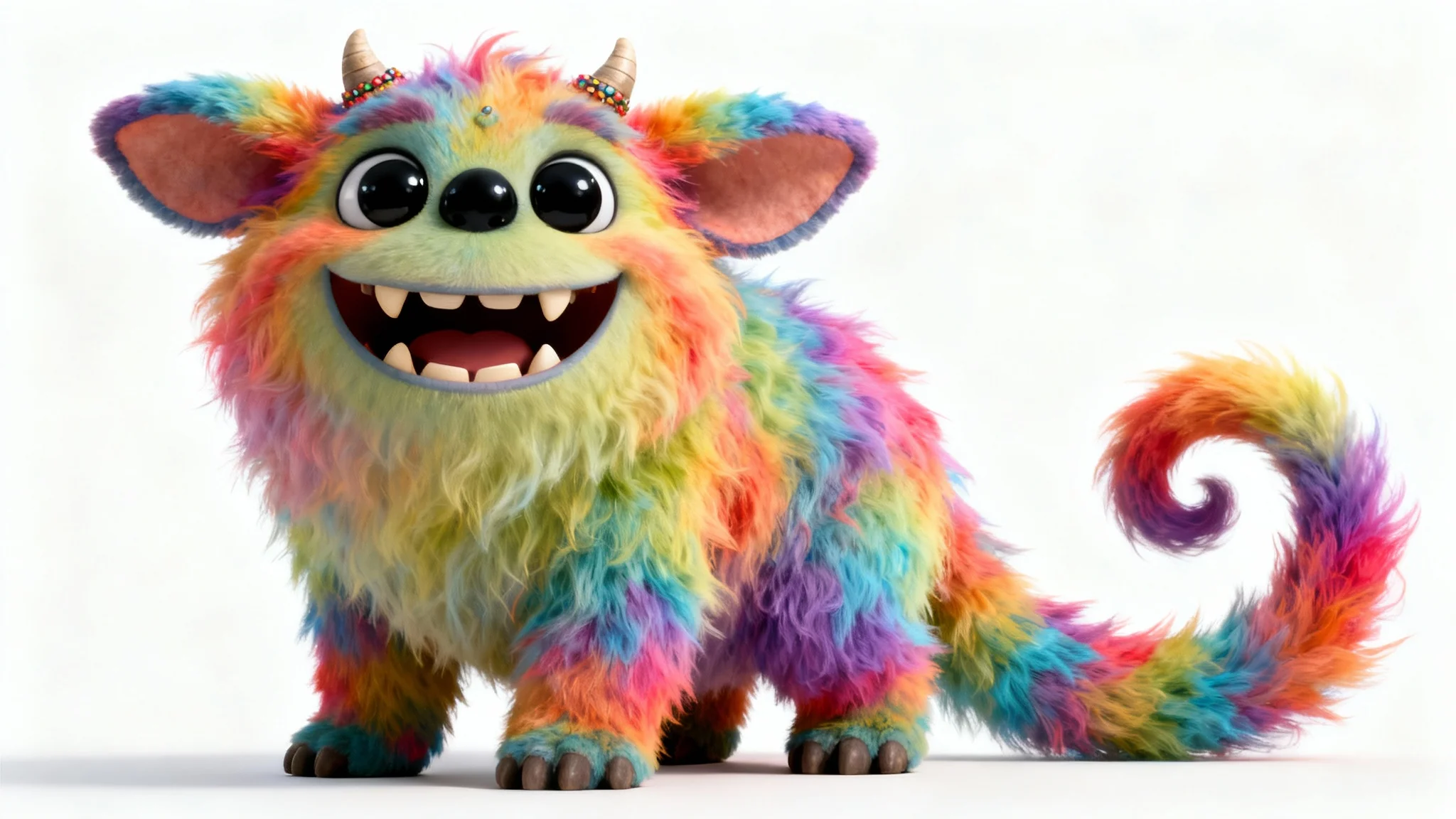 A full-body digital illustration of a large, friendly monster covered in soft, rainbow-colored fur, smiling against a plain white background.