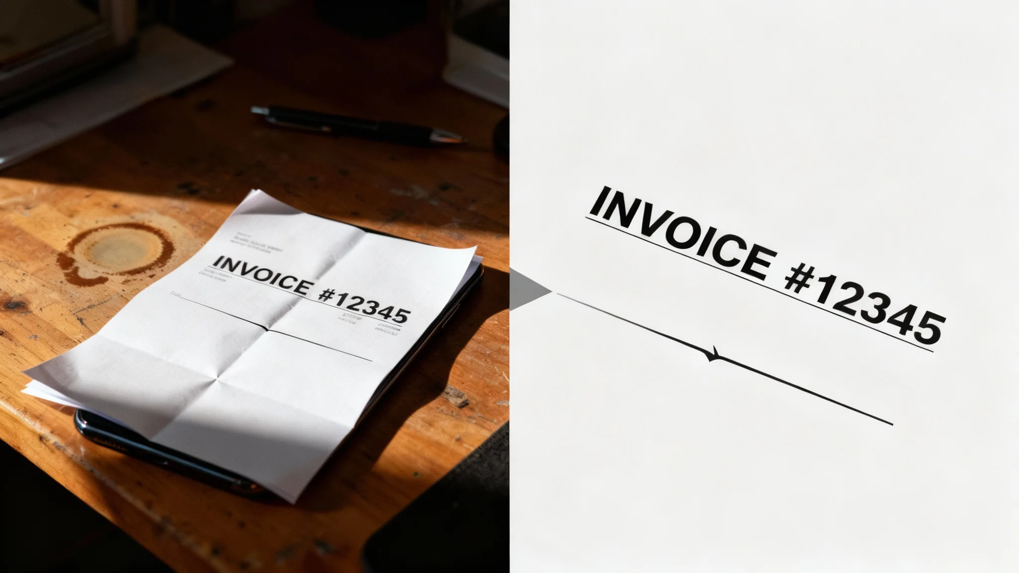 A before-and-after comparison of an auto-cropped document. The left side shows a skewed photo of an invoice on a desk, and the right side shows the same invoice perfectly cropped and straightened into a clean digital file.