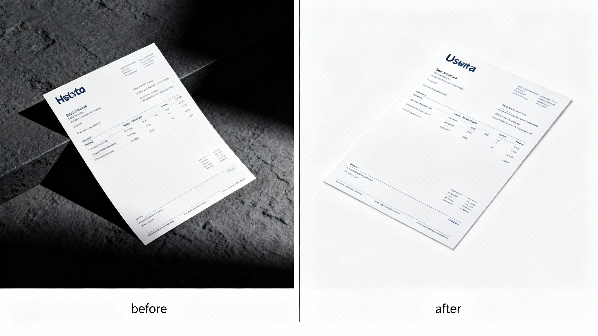A before-and-after image demonstrating an auto-crop tool. The 'before' side shows a skewed, dimly lit photo of an invoice, and the 'after' side shows the same invoice perfectly straightened and cropped into a clean digital document.