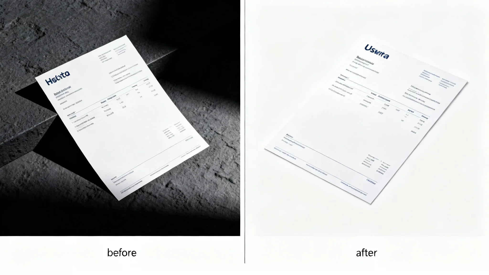 A before-and-after image demonstrating an auto-crop tool. The 'before' side shows a skewed, dimly lit photo of an invoice, and the 'after' side shows the same invoice perfectly straightened and cropped into a clean digital document.