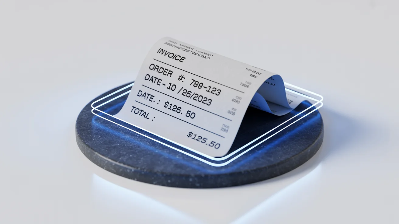 A skewed photo of a receipt on a dark surface, with glowing blue lines forming a perfect rectangle around it, demonstrating an auto-crop function against a clean white background.