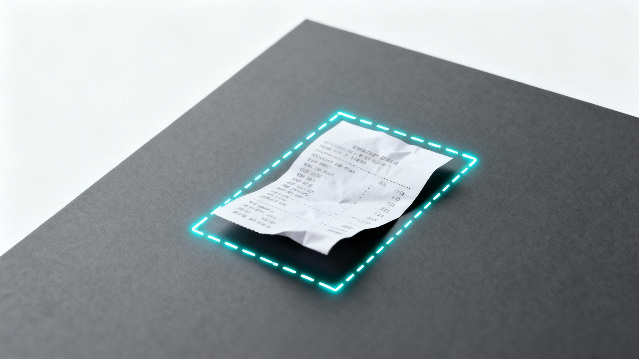 A photo-realistic mockup illustrating an auto-crop feature, with a paper receipt on a dark surface and glowing dashed lines precisely outlining its edges against a clean white background.