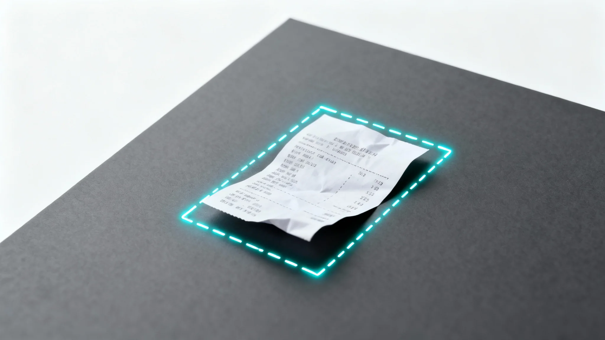 A photo-realistic mockup illustrating an auto-crop feature, with a paper receipt on a dark surface and glowing dashed lines precisely outlining its edges against a clean white background.