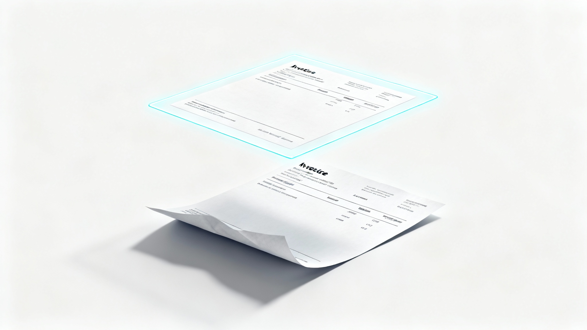 A visual mockup demonstrating an auto-crop document feature, with a skewed paper invoice below a perfectly cropped and straightened digital version on a clean white background.