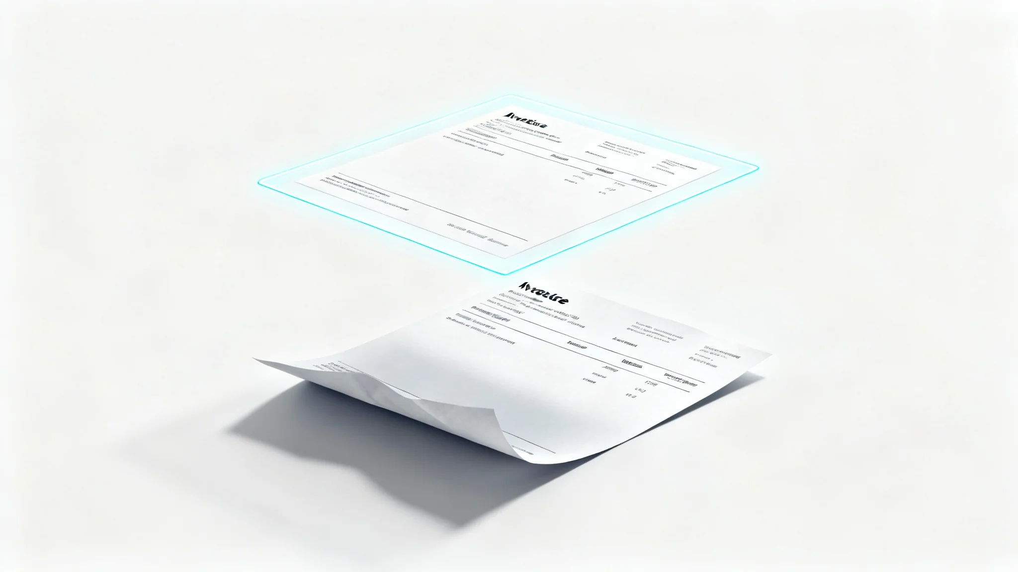 A visual mockup demonstrating an auto-crop document feature, with a skewed paper invoice below a perfectly cropped and straightened digital version on a clean white background.