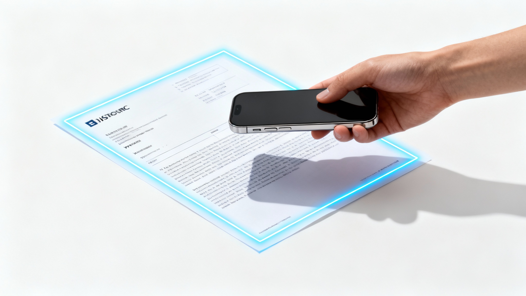 A mockup showing a hand holding a smartphone to scan a document. A glowing blue box perfectly frames the document, illustrating the auto-crop feature against a clean white background.