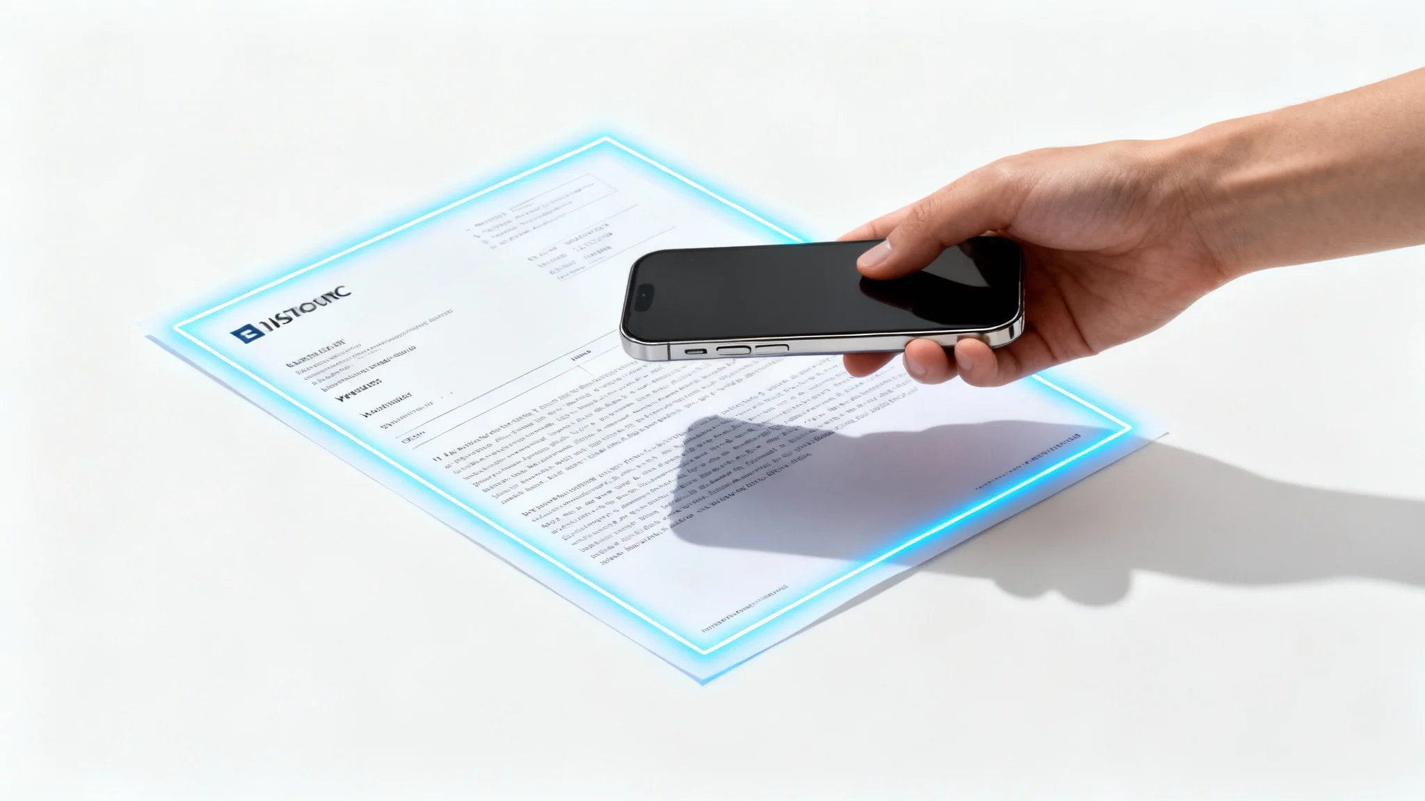 A mockup showing a hand holding a smartphone to scan a document. A glowing blue box perfectly frames the document, illustrating the auto-crop feature against a clean white background.