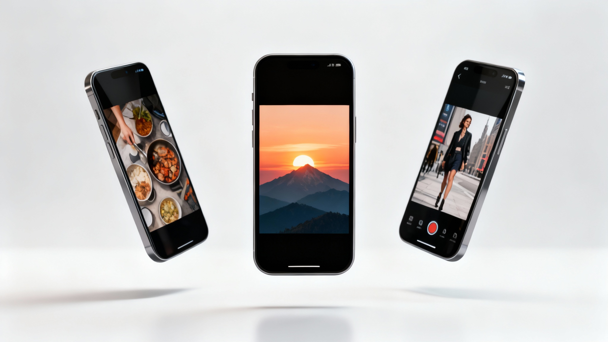 A hero image showing three smartphones displaying finished 9:16 vertical videos: a travel scene, a cooking tutorial, and a fashion clip, representing the final output of a video creation tool.