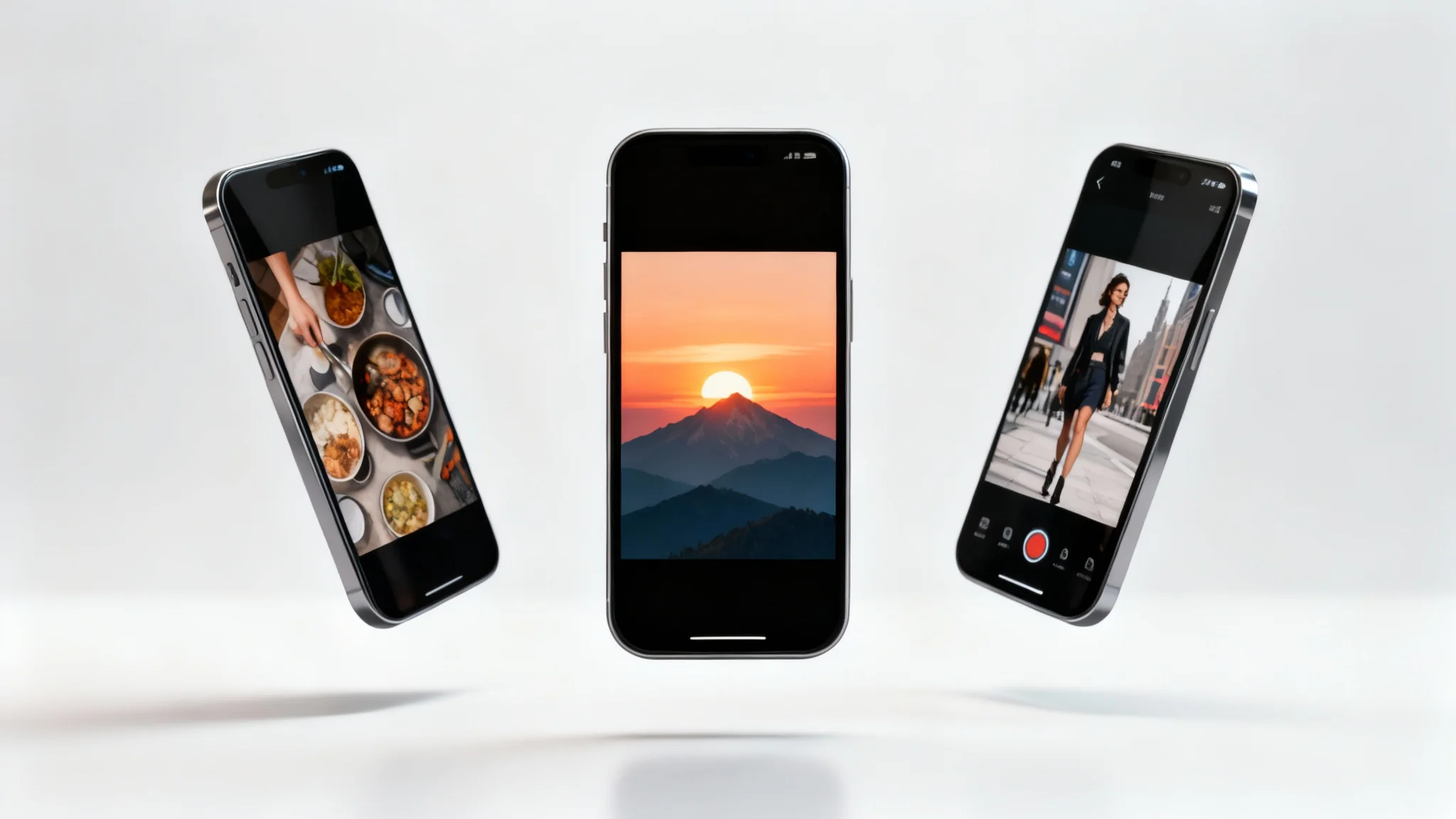 A hero image showing three smartphones displaying finished 9:16 vertical videos: a travel scene, a cooking tutorial, and a fashion clip, representing the final output of a video creation tool.