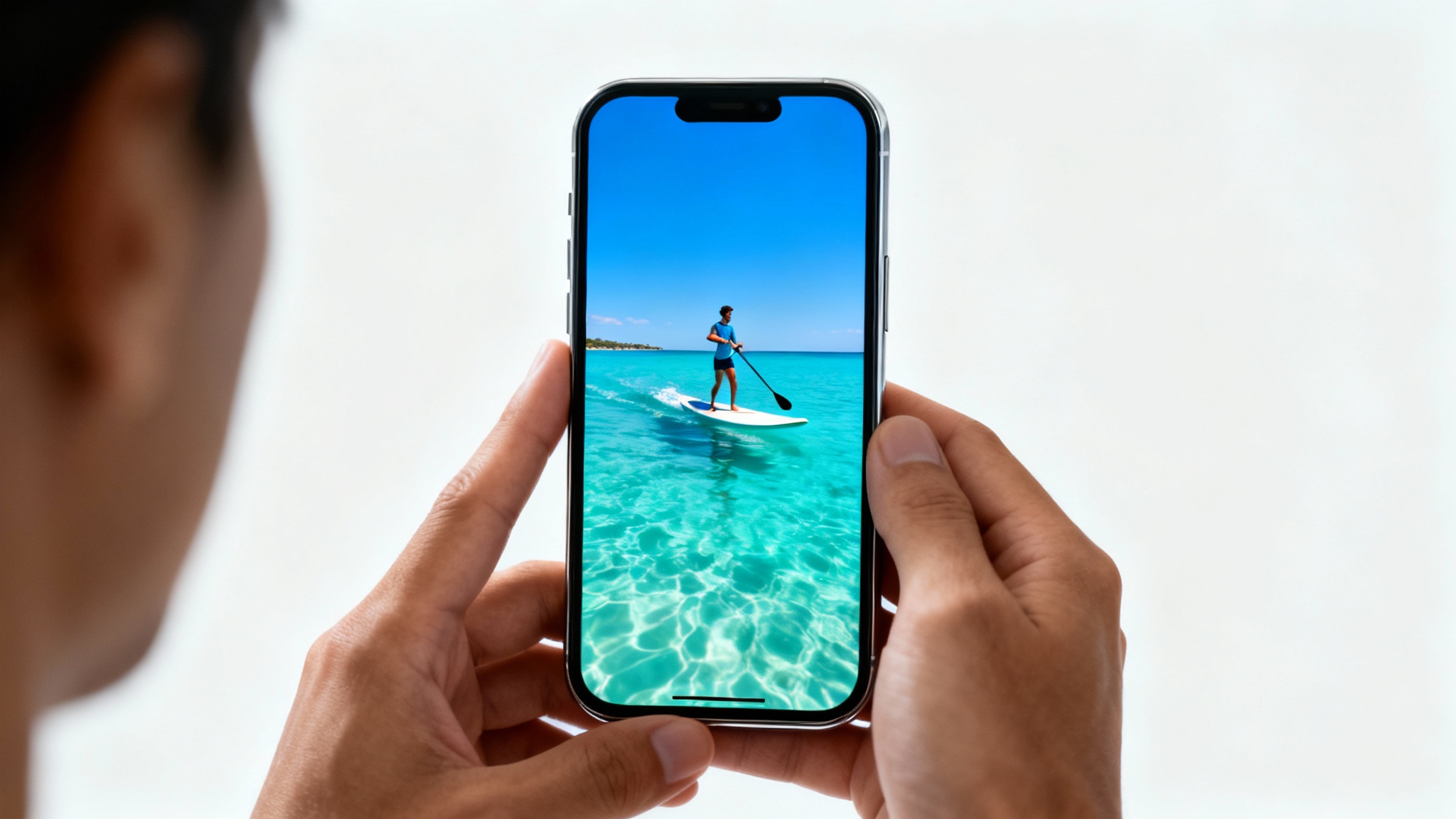 A close-up of a person holding a smartphone, which displays a vibrant vertical video of someone paddleboarding on turquoise water. The image has a clean, white background.