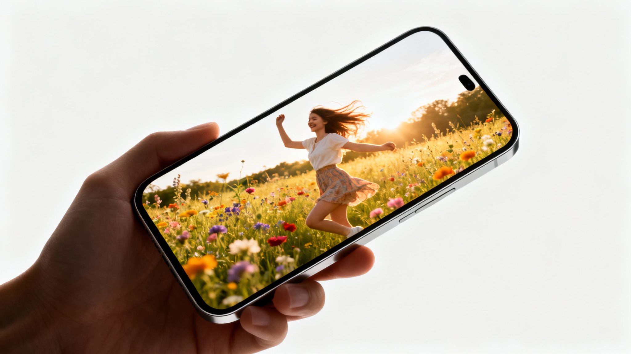 A smartphone displaying a vibrant vertical video of a woman dancing in a field, representing the 9:16 video format, set against a clean white background.