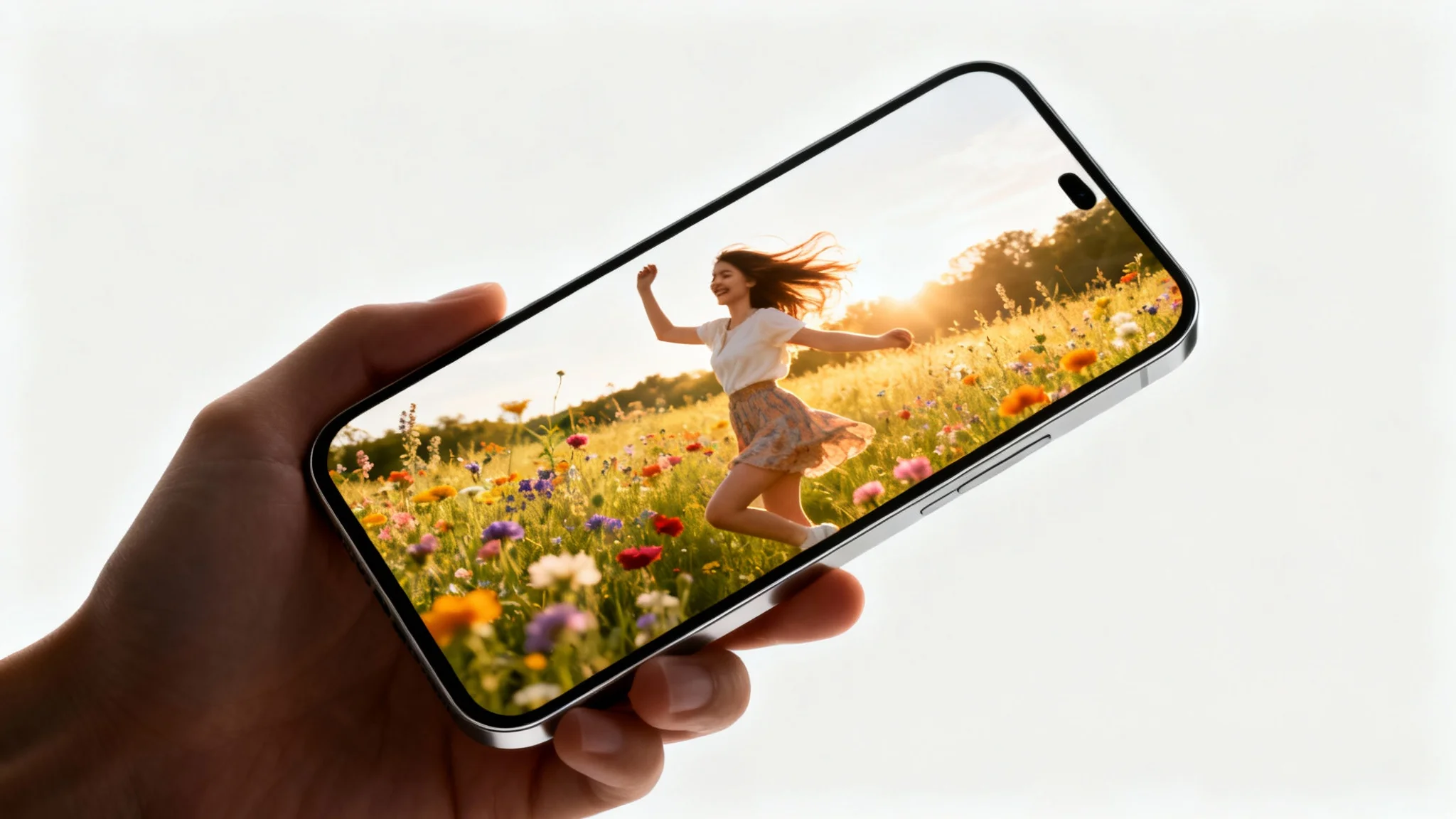 A smartphone displaying a vibrant vertical video of a woman dancing in a field, representing the 9:16 video format, set against a clean white background.